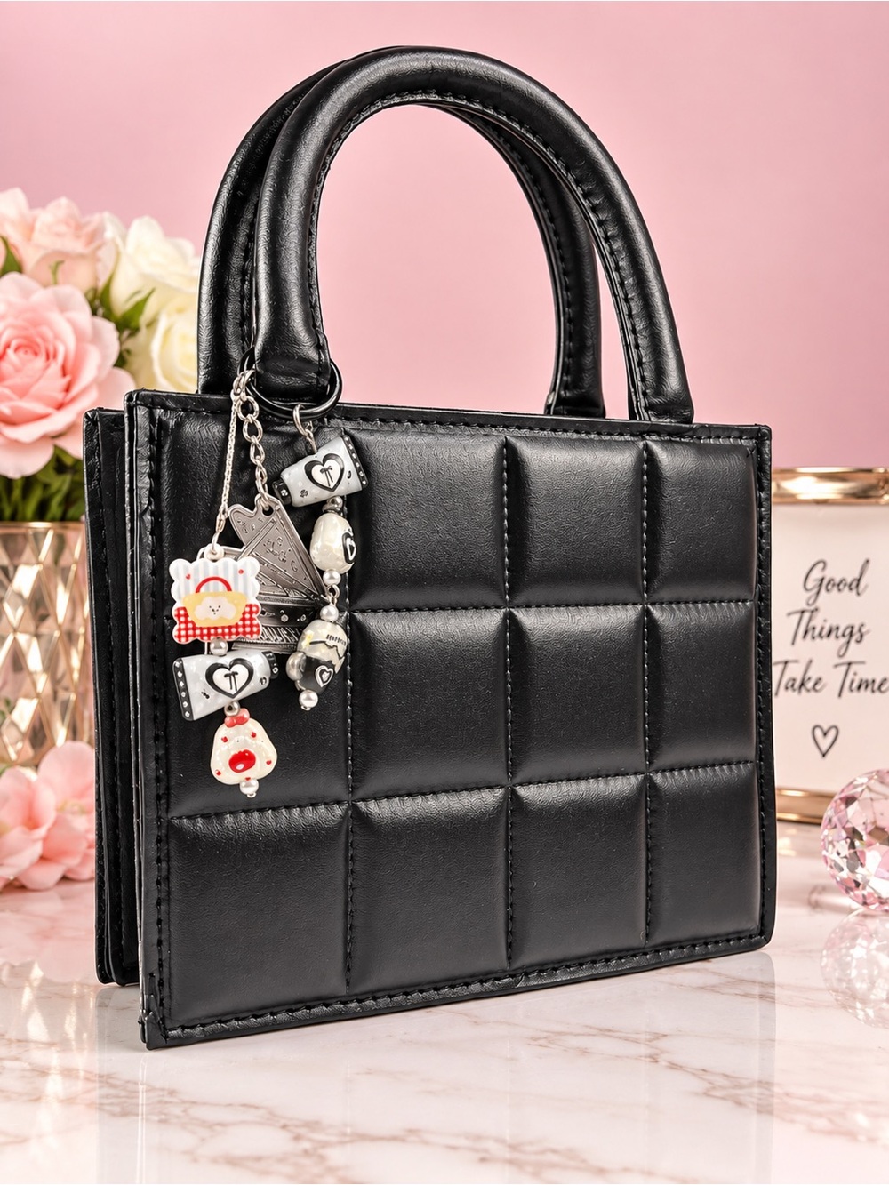 Quilted Black Top-Handle Women's Bag with free Charm Accent